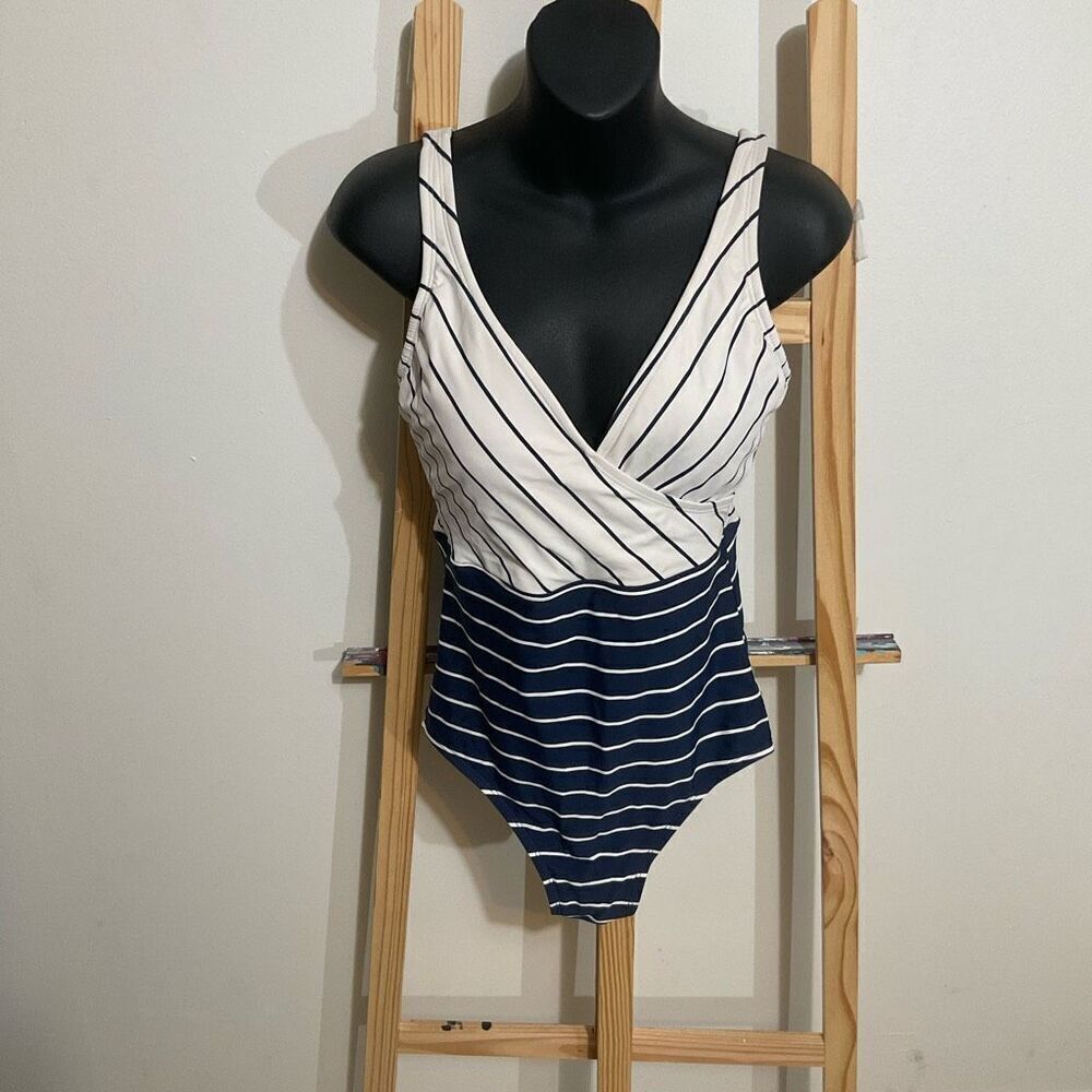 Kona Sol women’s medium one piece swimsuit, navy blue striped V-neck full covera